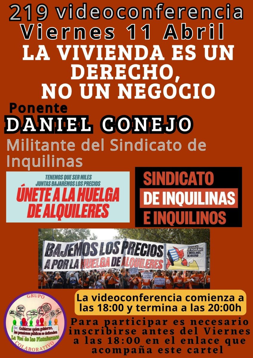 Marea Pensionista.Coordinadora Baix Llobregat Nord (@mareanord) on Twitter photo #ViviendaDigna
#BajadaAlquileres
*LA VIVIENDA ES UN DERECHO, NO UN NEGOCIO*
Inscríbase en el enlace👇🏻👇🏻👇🏻👇🏻
*us02web.zoom.us/meeting/regist…*
Recibirá E-mail para unirse
<a href="/pensionazo_no/">G. C. LA VOZ de LAS PLATAFORMAS</a>
<a href="/PorLaUnidadPens/">@PorLaUnidadSocial</a>
<a href="/LaVozenIgualdad/">La Voz de las Plataformas por la igualdad.</a> #ViviendaDigna
#BajadaAlquileres
*LA VIVIENDA ES UN DERECHO, NO UN NEGOCIO*
Inscríbase en el enlace👇🏻👇🏻👇🏻👇🏻
*us02web.zoom.us/meeting/regist…*
Recibirá E-mail para unirse
<a href="/pensionazo_no/">G. C. LA VOZ de LAS PLATAFORMAS</a>
<a href="/PorLaUnidadPens/">@PorLaUnidadSocial</a>
<a href="/LaVozenIgualdad/">La Voz de las Plataformas por la igualdad.</a>