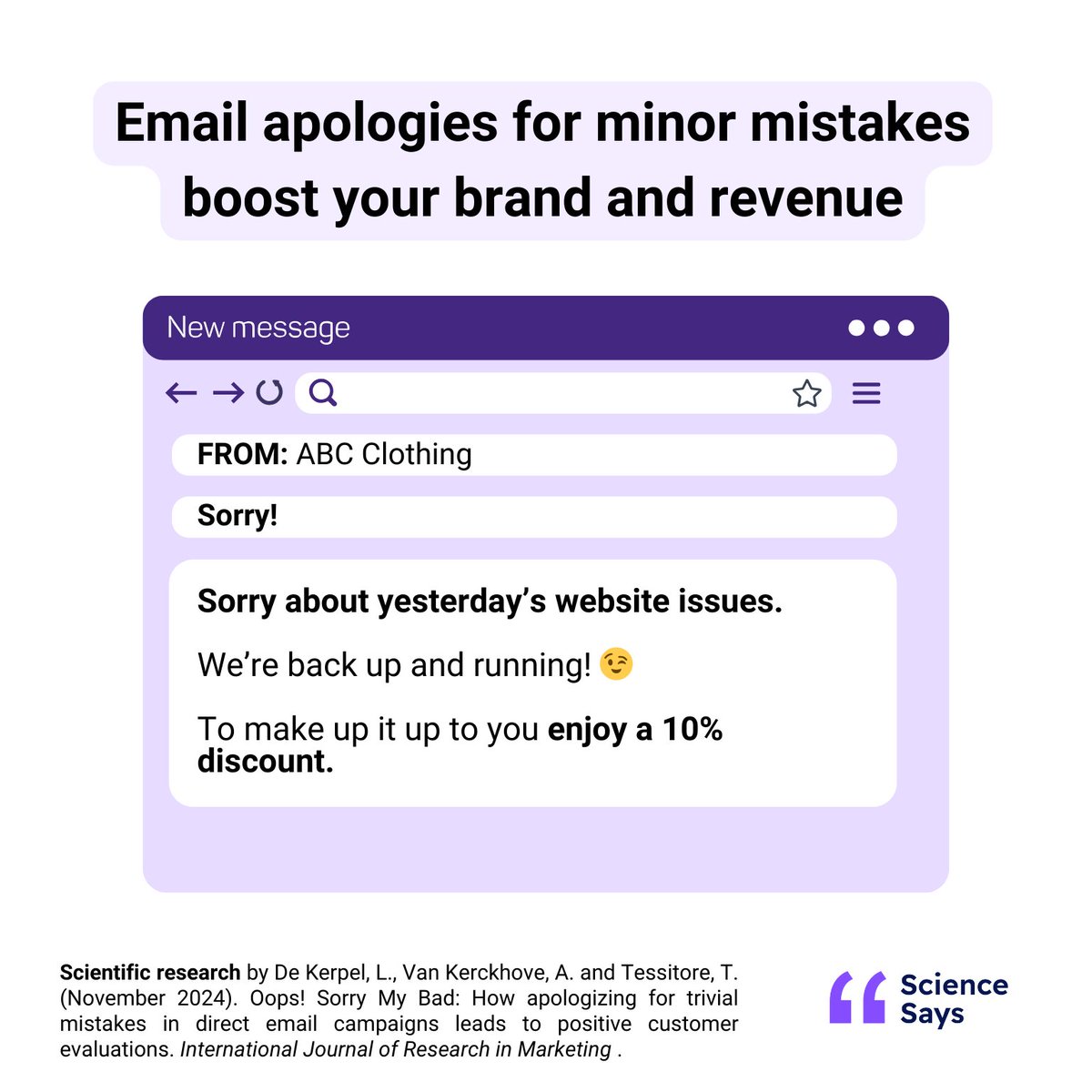 richard shotton (@rshotton) on Twitter photo A trainer brand sent out one of two discount emails either:
“Sorry” (plus discount)
or
“Good News” (plus discount)
Apology generated x2 revenue
Why? I'd argue the apology provides a plausible reason why the discount might be half decent
From newsletter by <a href="/ScienceSaysHQ/">Science Says</a> A trainer brand sent out one of two discount emails either:
“Sorry” (plus discount)
or
“Good News” (plus discount)
Apology generated x2 revenue
Why? I'd argue the apology provides a plausible reason why the discount might be half decent
From newsletter by <a href="/ScienceSaysHQ/">Science Says</a>