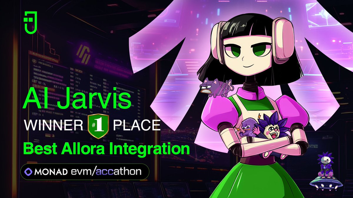 🎉 AI Jarvis just took home the 1st prize in the Best Allora Network Integrations category at the Monad EVM/accathon! 

Big thanks to <a href="/monad_xyz/">Monad ⨀</a> &amp; <a href="/AlloraNetwork/">Allora</a>. On to the next! 🔥