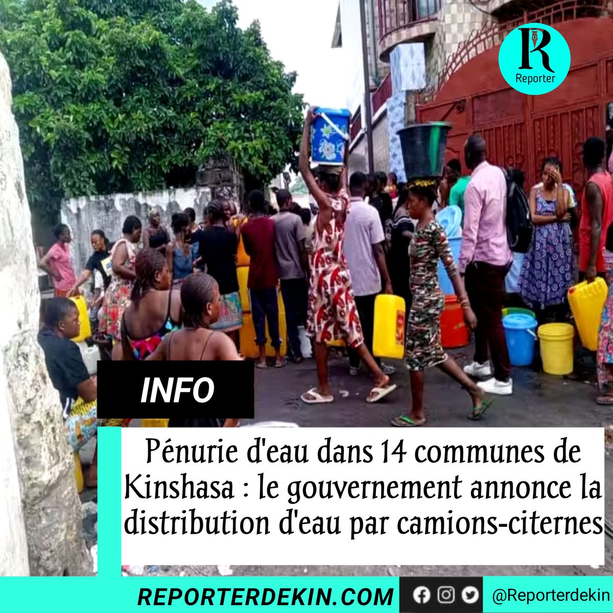 ReporterdeKin's tweet photo. Pénurie d'eau dans 14 communes de Kinshasa : le gouvernement annonce la distribution d'eau par camions-citernes / À lire 👉🏿 : https://t.co/8wcFekpH9m

#Kinshasa #Inondations #RDC #PénurieEau #Kinshasa #EauPotable #CamionsCiterne #Gouvernement #DistributionEau https://t.co/NjIx5VbL8o