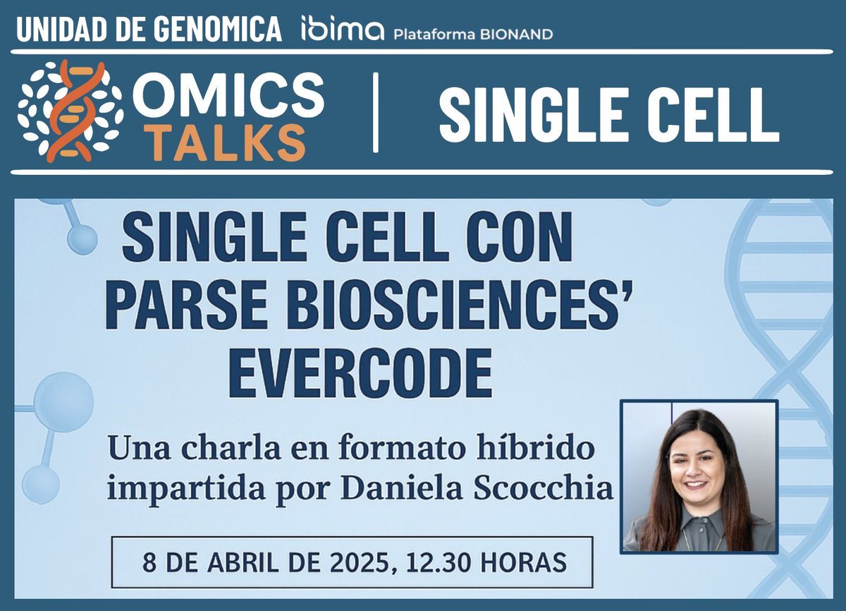 Unidad de Genomica (ECAI) (@genomics_ibima) on Twitter photo 🚀 Kicking off OMICs Talks!
📢 First session in our #SingleCell series w/ Daniela Scocchia (<a href="/ParseBio/">Parse Biosciences</a>)
🧬 Learn about combinatorial barcoding & Evercode
📅 Apr 8 · 12:30 PM · Hybrid
📍 IBIMA BIONAND
📝Register: docs.google.com/forms/d/1K6nAb…
#Genomics #SingleCell #OMICsTalks <a href="/_ibima/">IBIMA Plataforma BIONAND</a> 🚀 Kicking off OMICs Talks!
📢 First session in our #SingleCell series w/ Daniela Scocchia (<a href="/ParseBio/">Parse Biosciences</a>)
🧬 Learn about combinatorial barcoding & Evercode
📅 Apr 8 · 12:30 PM · Hybrid
📍 IBIMA BIONAND
📝Register: docs.google.com/forms/d/1K6nAb…
#Genomics #SingleCell #OMICsTalks <a href="/_ibima/">IBIMA Plataforma BIONAND</a>