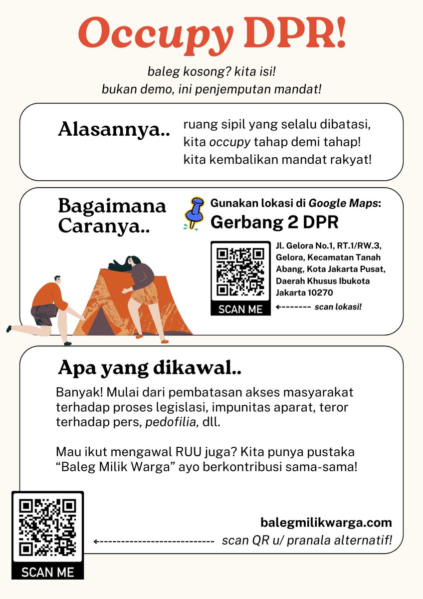 spacepiquant's tweet photo. ‼️Occupy DPR‼️
bukan demo, ini penjemputan mandat!
baleg kosong? kita isi!

kosong ini multitafsir, bisa isi kepala, otak, nurani, logika, dll. ayo kita ajarkan!

gatau lokasi? bisa scan QR!
gatau kawal apa? bisa scan QR!

akan coba diprint dan disebarluaskan di area okupasi. https://t.co/IRZCY5xb7s