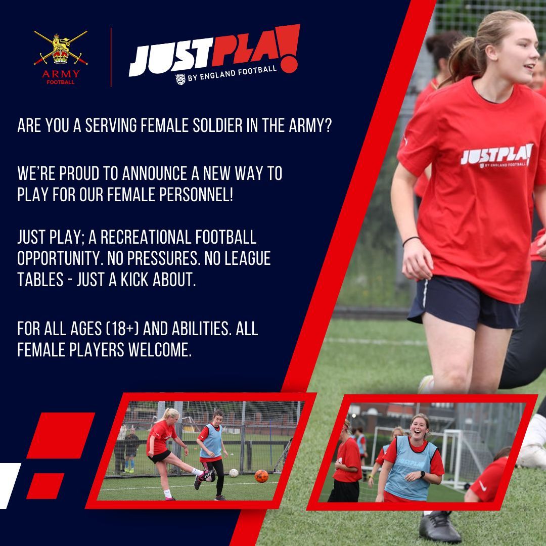 ⚽ JUST PLAY - FEMALE ONLY ⚽ 

The Army FA are pleased to announce the launch of our first female-only Just Play Centre, offering fun, non-competitive, no commitment football for anyone female personnel aged 18+.

Sign up here to register your spot - buff.ly/F1gkp89