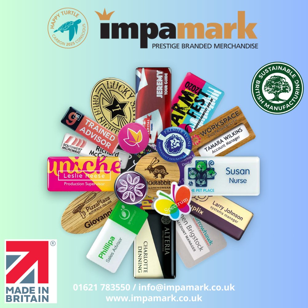 Impamark's tweet image. 🇬🇧 Made in the UK!  Custom Name Badges 🇬🇧

Looking for high-quality, custom name badges with a personal touch? 

From start to finish, every step of the production process is done in-house here in the UK, so no air miles are involved. 🌍

#MadeInTheUK #SustainableBusiness