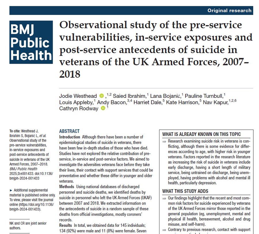 NEW: Read our <a href="/NCISH_UK/">NCISH</a> paper examining antecedents of suicide in veterans of the UK Armed Forces <a href="/DefenceHQ/">Ministry of Defence 🇬🇧</a> published in <a href="/BMJPublicHealth/">BMJPublicHealth</a>: buff.ly/qhBF83J