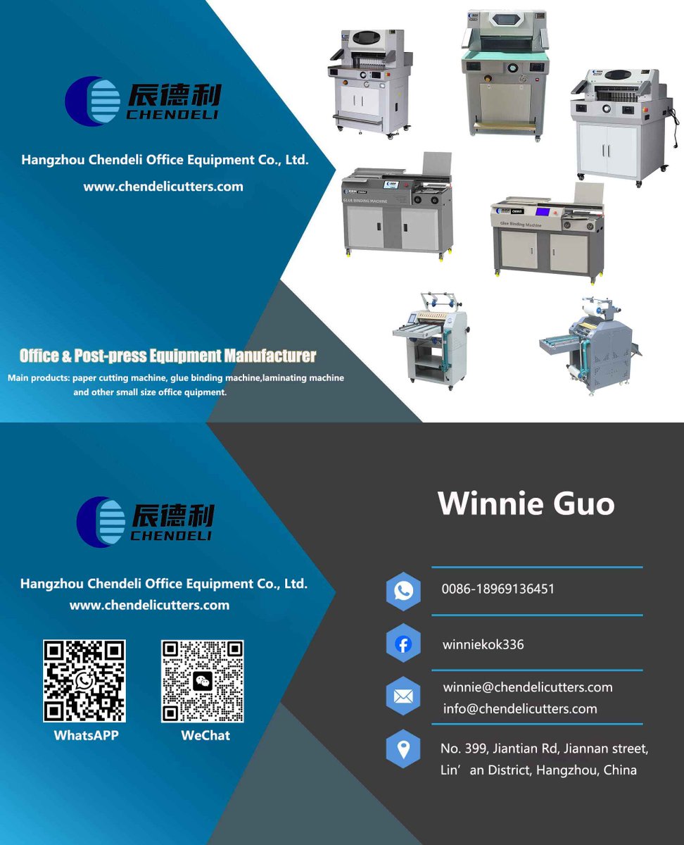 We mainly focus on:
1. Heavy-duty hydraulic paper cutting machines
2. Electric program-controlled paper cutters
3. Automatic glue binding machines,
4. Laminating machines
5. Other small office equipment, such as creasing machine, name card cutter, paper folding machine etc.
