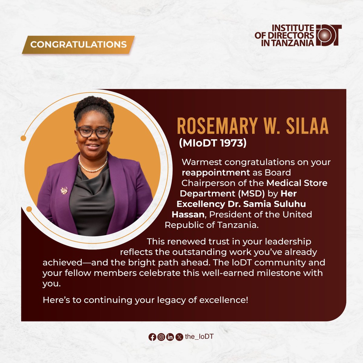 Congratulations on your re-appointment, Director Rosemary Silaa (MIoDT 1973)!

#BetterBoards
#BetterBusiness
#BetterTanzania