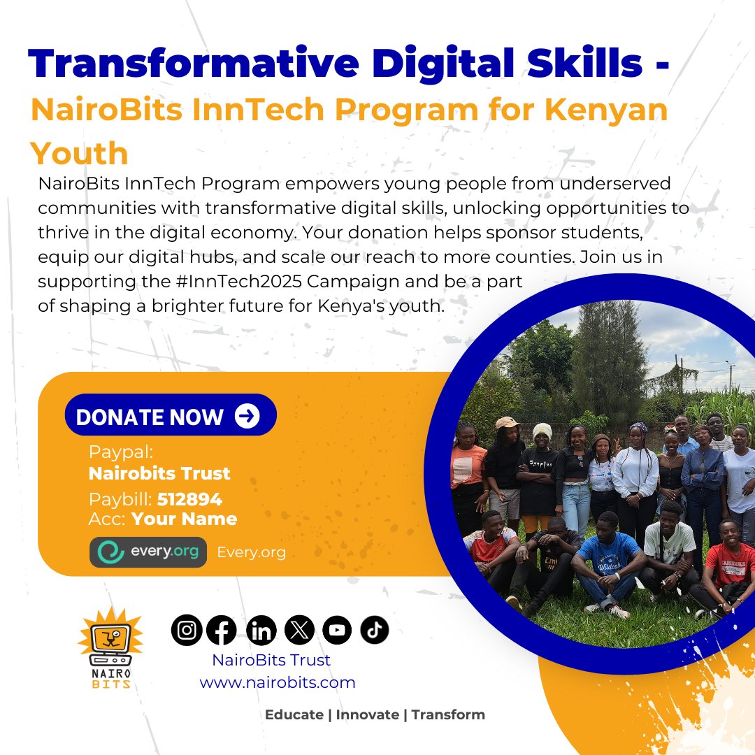 Be the spark that ignites a digital future!
Support #InnTech2025 &amp; help Kenyan youth gain digital skills for a brighter tomorrow.
Donate: every.org/nairobits/f/gi…
PayPal:Nairobits trust
Paybill: 512894 | Acc: Your Name

#WeAreBits #TechForGood #DigitalEmpowerment