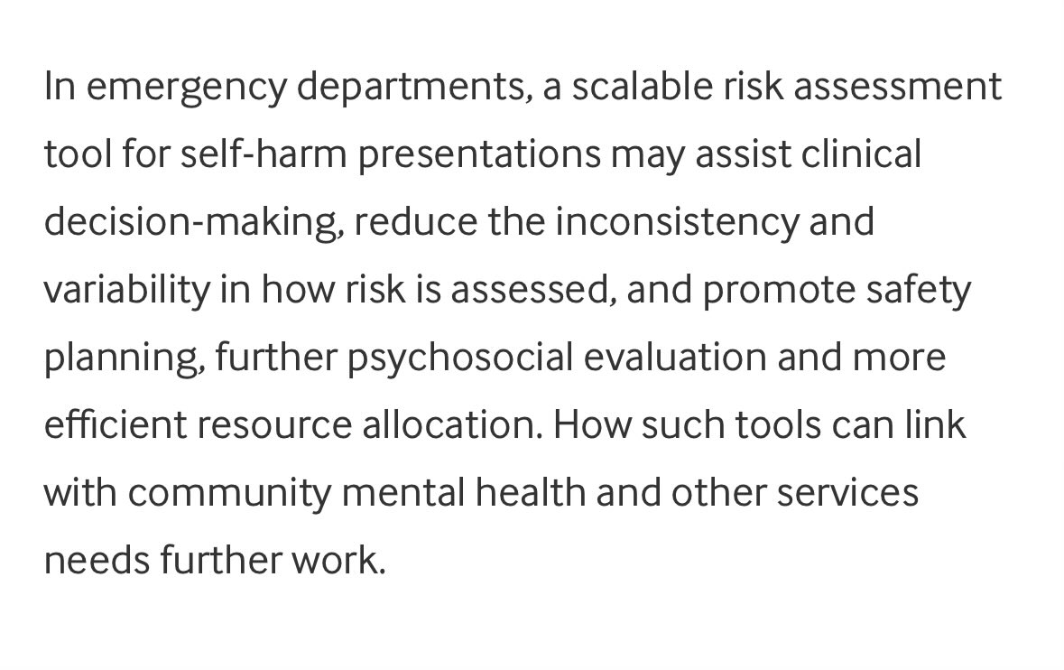 Same for suicide risk, where the assessment itself can be part of treatment. It’s not about prediction - it’s more about identifying risk factors and collaborating, where possible, on addressing them. And other benefits as explained in our OxSET paper:  mentalhealth.bmj.com/content/27/1/e…