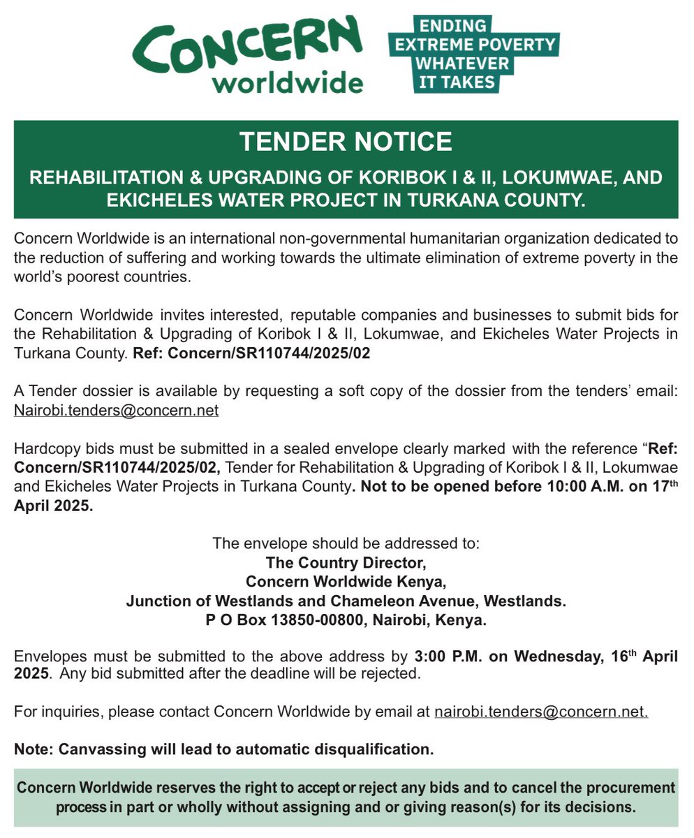 Concern Kenya (@concernkenya) on Twitter photo <a href="/ConcernKenya/">Concern Kenya</a> invites applications for an open tender. Interested and eligible bidders are encouraged to submit their applications as per the guidelines provided.
For full details and submission instructions, kindly refer to the attached poster. <a href="/ConcernKenya/">Concern Kenya</a> invites applications for an open tender. Interested and eligible bidders are encouraged to submit their applications as per the guidelines provided.
For full details and submission instructions, kindly refer to the attached poster.