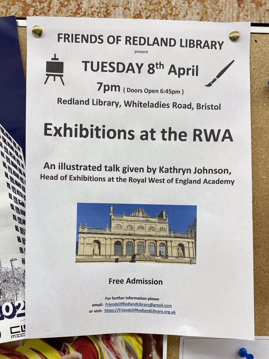 SaveRedlandLibr's tweet image. 📣 TODAY

🎨 Tuesday 8th April    7pm (Doors open 6:45pm)
🎨 Talk by Kathryn Johnson, 
      Head of Exhibitions at the Royal West of England Academy
🎨 Exhibitions at the RWA
🎨 Organised by the Friends of Redland Library
🎨 #RedlandLibrary #Bristol
🎨 Admission FREE
