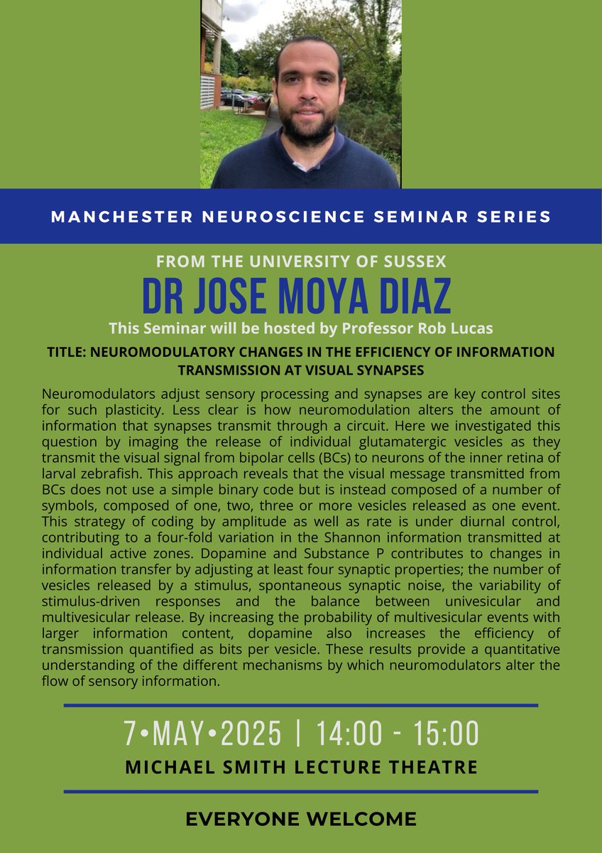 Division of Neuroscience (@dns_uom) on Twitter photo The next seminar in our series is on Wednesday 7th May at 2pm, presented by <a href="/JosMoyaDaz1/">JosĂ© Moya DĂaz</a> of <a href="/SussexUni/">University of Sussex</a> and hosted by <a href="/RobLucasDar/">Robert Lucas</a>. Details on poster - all welcome! đź§
#neuroscienceseminar #neuroscience #manchesterneuroscience The next seminar in our series is on Wednesday 7th May at 2pm, presented by <a href="/JosMoyaDaz1/">JosĂ© Moya DĂaz</a> of <a href="/SussexUni/">University of Sussex</a> and hosted by <a href="/RobLucasDar/">Robert Lucas</a>. Details on poster - all welcome! đź§
#neuroscienceseminar #neuroscience #manchesterneuroscience