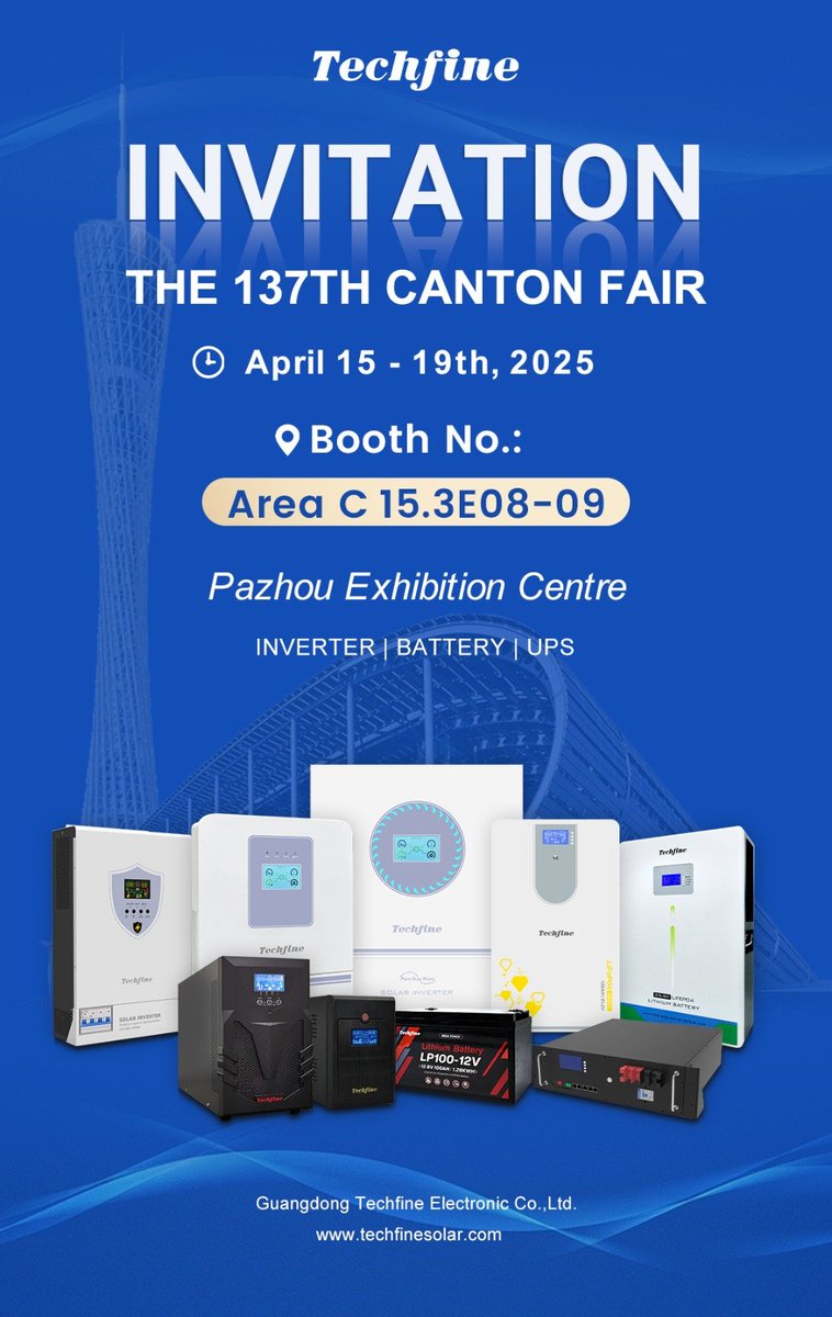 techfinepv's tweet image. ⚡ Techfine at Canton Fair 2025: Explore Solar &amp;amp; Energy Solutions! ⚡
Join us at Canton Fair 2025 , April 15–19, Guangzhou. Visit Booth C 15.3E08-09 for solar inverters, lithium batteries, and more.
🔗techfinepv.com
#SolarInverter #LithiumBattery #EnergyStorage #Techfine