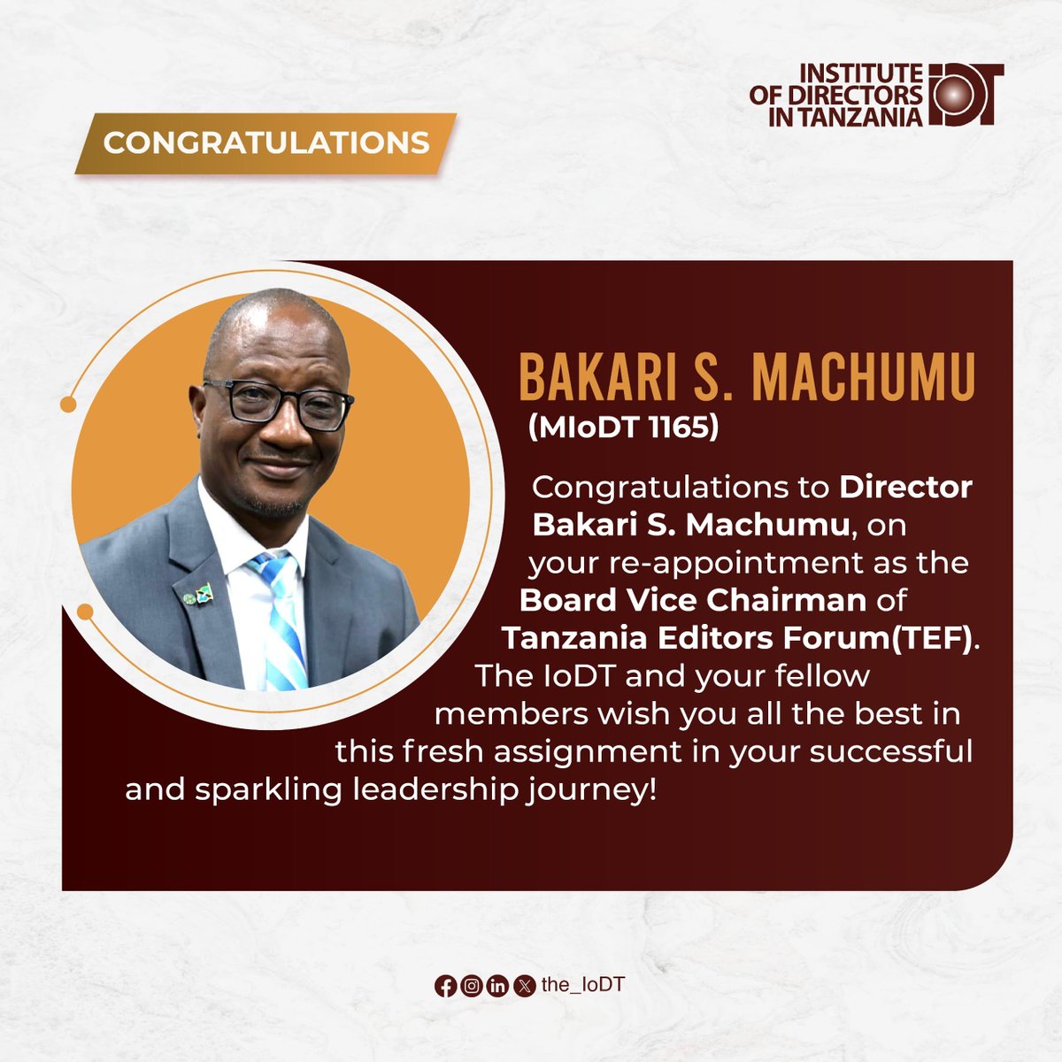Congratulations on your re-appointment, Director Bakary Machumu (MIoDT 1165)!

#BetterBoards
#BetterBusiness
#BetterTanzania