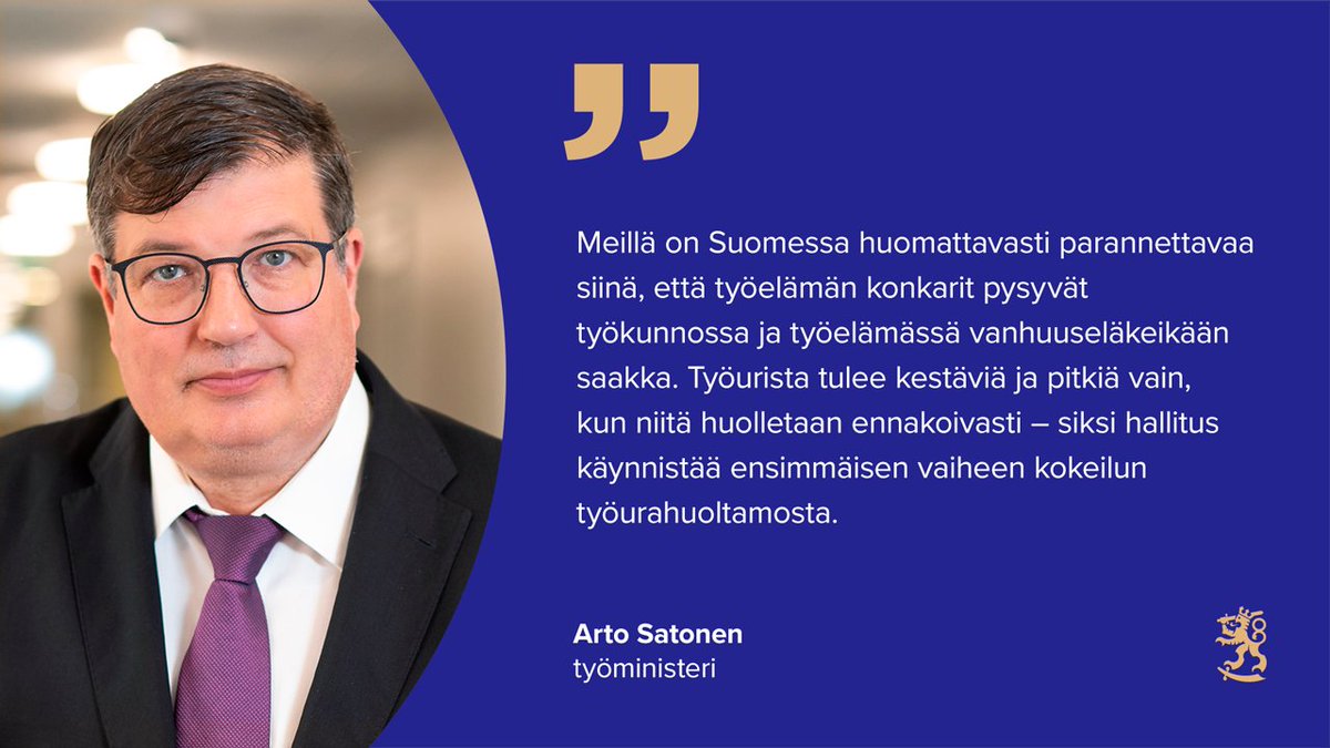 TEM (@tem_uutiset) on Twitter photo Selvityshenkilö <a href="/JariLindstrm2/">Jari Lindström 🇫🇮 🇺🇦</a> on ministeri <a href="/artosatonen/">Arto Satonen</a> ja ministeri <a href="/sannigrahn/">Sanni Grahn-Laasonen 🇺🇦</a> pyynnöstä hakenut konkreettisia keinoja yli 55-vuotiaiden työllistymisen edistämiseen.
👉Selvitys ehdottaa kokeiltavaksi työurahuoltamoa: tem.fi/-/lindstromin-…
<a href="/STM_Uutiset/">Sosiaali- ja terveysministeriö</a> <a href="/tyoterveys/">Työterveyslaitos</a> #jotpa Selvityshenkilö <a href="/JariLindstrm2/">Jari Lindström 🇫🇮 🇺🇦</a> on ministeri <a href="/artosatonen/">Arto Satonen</a> ja ministeri <a href="/sannigrahn/">Sanni Grahn-Laasonen 🇺🇦</a> pyynnöstä hakenut konkreettisia keinoja yli 55-vuotiaiden työllistymisen edistämiseen.
👉Selvitys ehdottaa kokeiltavaksi työurahuoltamoa: tem.fi/-/lindstromin-…
<a href="/STM_Uutiset/">Sosiaali- ja terveysministeriö</a> <a href="/tyoterveys/">Työterveyslaitos</a> #jotpa