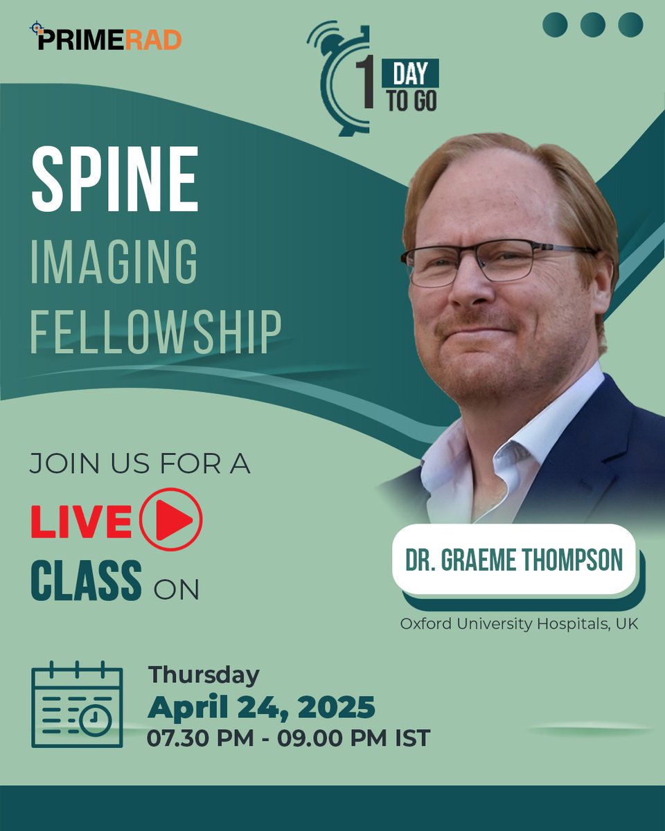 PrimeFellowship's tweet image. Our fellows are invited to a live interactive learning and discussion session with Dr Graeme Thompson

Live Class
📅24th April, 2025 (Thursday)
⌛7:30pm - 9:00pm IST

#PrimeRad #LiveClass #Faculty #PrecisionReporting #OnlineLearning #RadiologyFellowship #Worldwide