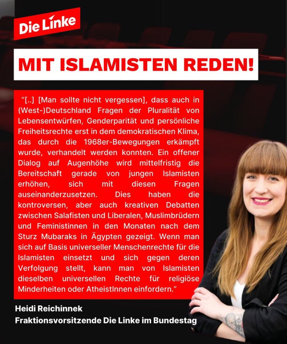 Ich möchte bitte, dass Heidi persönlich nach Syrien und Afghanistan reist, um mit den Islamisten zu reden. 

Überlegt mal…solche Leute werden gewählt. Es gibt wirklich Menschen, die Heidi Reichinnek wählen. Expertin für islamistischen Dialog und ökonomisches Einmaleins aka „Die
