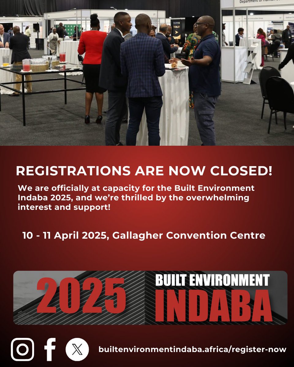 🎉 REGISTRATIONS ARE NOW CLOSED! 🎉
We are officially at capacity for the Built Environment Indaba 2025, and we’re thrilled by the overwhelming interest and support!

📍 Gallagher Convention Centre
📅 10–11 April 2025

Let’s shape the future, together.
#BEIndaba2025