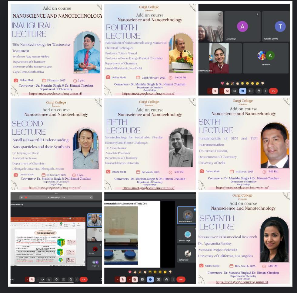 Department of Chemistry completed the short term certificate course for UG students titled :NANOSCIENCE AND NANOTECHNOLOGY”, organised by Conveners: Dr Himani Chauhan and Dr Manisha Singla