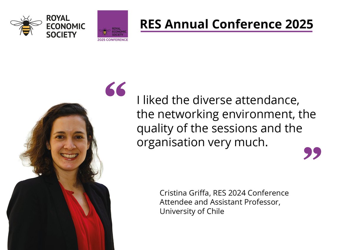 RoyalEconSoc's tweet image. 📢📢Registrations for the #RES2025 Annual Conference are now open! Book your place today.

🗓️Monday 30 June - Wednesday 2 July
📍@unibirmingham
👉 bit.ly/4huZnsS

#RESConference #RESEvents #EconEvent #EconTwitter