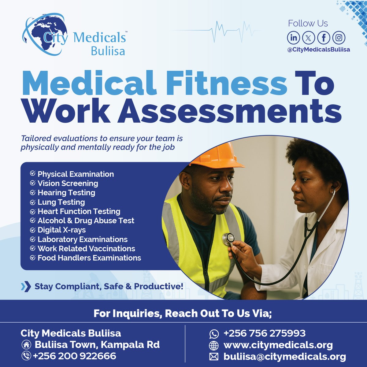 CityMedicalsBls's tweet image. Is Your Workforce Fit for Duty?
We offer tailored Occupational Health Assessments to ensure your employees are: 
✅ Fit for duty
✅ Safe at work
✅ Ready to perform at their best
Book your assessment today!
📩 info@citymedicals.org
📞 +256 200 922666
#WorkplaceSafety #FitForWork