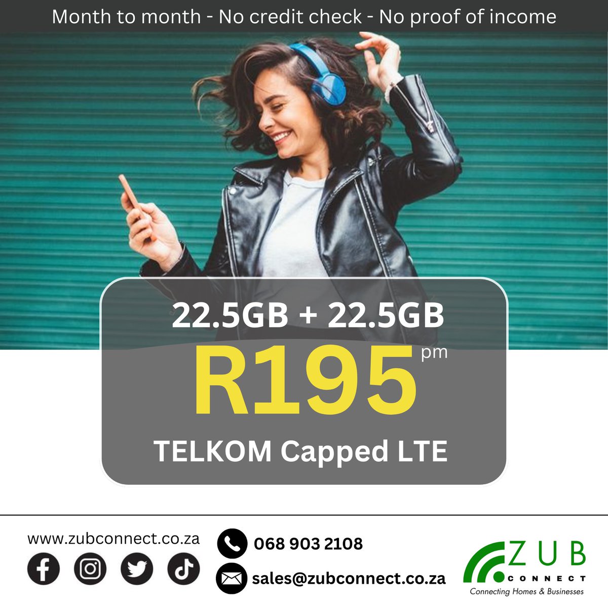 zub_connect's tweet image. Stay Connected on the Go for Less! 

Grab this amazing 45GB Capped LTE Data SIM for just R195 per month! 🚀 Perfect for browsing and staying social wherever you are. 

Don&apos;t miss out on this incredible deal! 
zubconnect.co.za

#Telkom #DataDeal #StayConnected #LTE