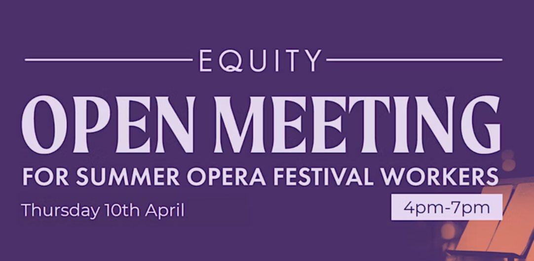 Summer Opera Festivals Open Meeting 10/04/25 (4-7pm) - An open meeting for <a href="/EquityUK/">Equity</a> members AND non-members to share their experiences of working on summer opera festivals and plan next steps. #Opera #SummerOperaFestivals 

eventbrite.co.uk/e/summer-opera…