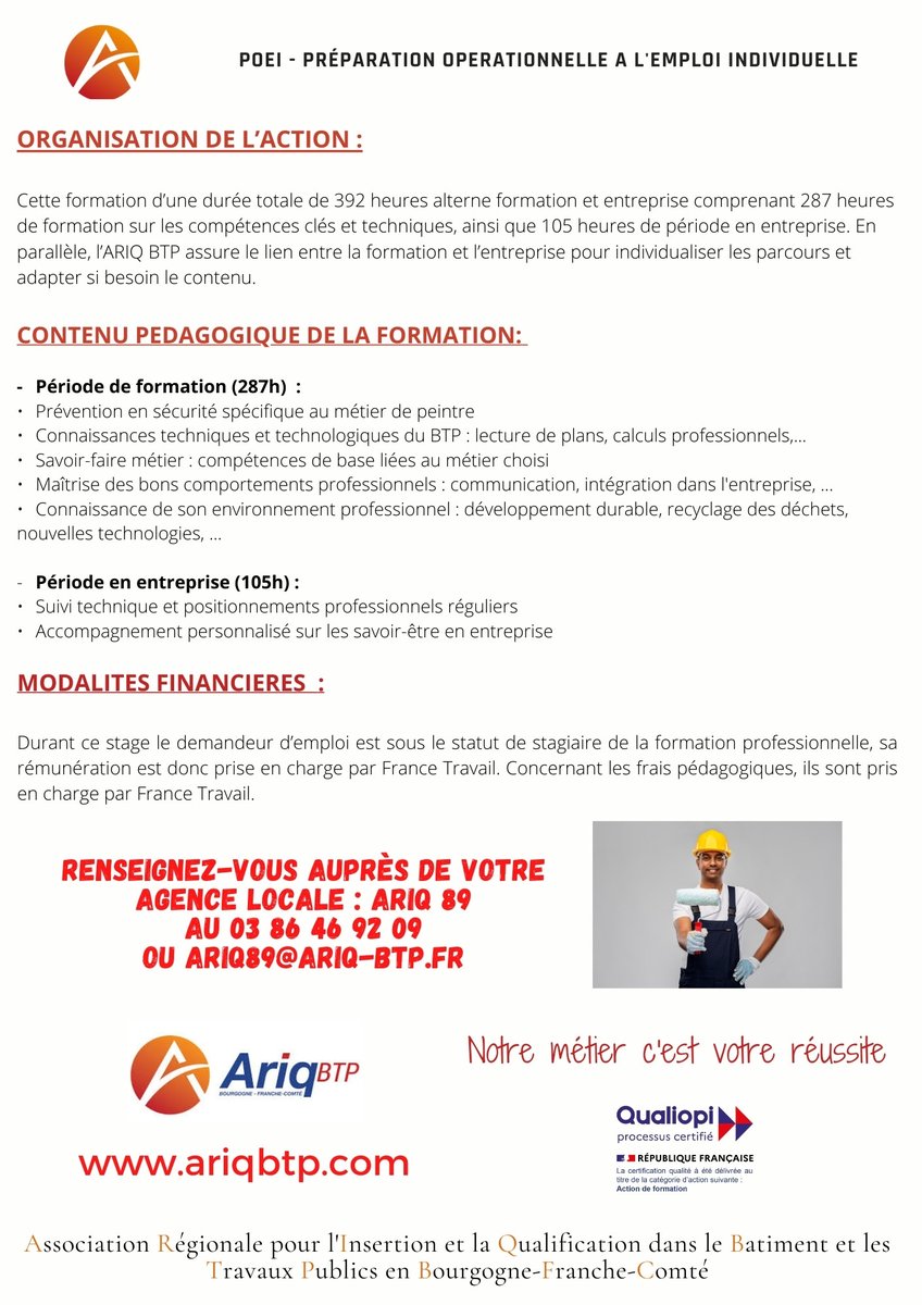 Une POEI Groupe (Préparation Opérationnelle à l'Emploi Individuelle) est proposée à AUXERRE du 5 mai au 25 juillet 2025 afin de vous aider à décrocher un emploi de PEINTRE EN BATIMENT. Contactez l'agence ARIQ 89 au 03 86 46 92 09 ou par mail : ariq89@ariq-btp.fr