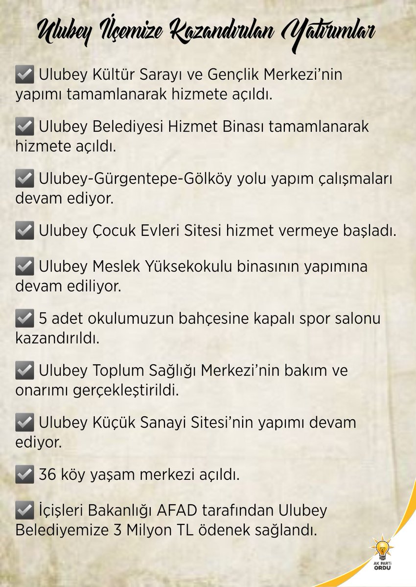 "ULUBEY İLÇEMİZE KAZANDIRILAN YATIRIMLAR"

Ulubey'imize önemli ölçüde yatırımlar gelmeye devam ediyor.

☑️ Ulubey Kültür Sarayı ve Gençlik Merkezi’nin yapımı tamamlanarak hizmete açıldı. 
☑️ Ulubey Belediyesi Hizmet Binası tamamlanarak hizmete açıldı. 
☑️ Ulubey-Gürgentepe-Gölköy