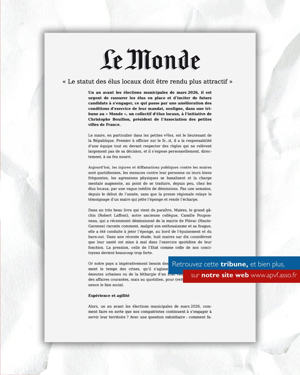 🔵 [Tribune] 

Dans Le Monde, un collectif d’élus locaux, à l’initiative de Christophe Bouillon, président de l'APVF, appellent  à rendre le statut des élus locaux plus attractif pour reconnaître cet engagement au service de l'intérêt général.

👉 À lire : lemonde.fr/idees/article/…