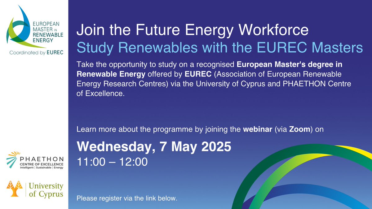 UCYOfficial's tweet image. UCY joins the @EUREC_Info European Master in Renewable Energy ! Starting 2025, UCY will host the PV specialisation semester via the Department of Electrical and Computer Engineering and the @PHAETHONCoE
⚡Join the Future Energy Workforce
▶️Register: bit.ly/42wGOjT