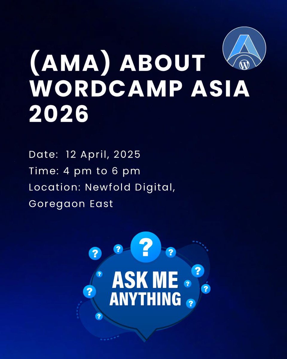 WordCamp Mumbai (@wcmumbai) on Twitter photo 2/2 fellow WordPress enthusiasts.
🗓 Date: 12 April 2025 (4 to 6 pm) 
📍 Venue: Newfold Digital, NESCO IT Park, 4/401, Western Urban Rd, Aarey Colony, Goregaon, Mumbai, Maharashtra 400063 
🎟️ RSVP: meetu.ps/e/NYSwQ/fbLcT/i
See you’ll there! 2/2 fellow WordPress enthusiasts.
🗓 Date: 12 April 2025 (4 to 6 pm) 
📍 Venue: Newfold Digital, NESCO IT Park, 4/401, Western Urban Rd, Aarey Colony, Goregaon, Mumbai, Maharashtra 400063 
🎟️ RSVP: meetu.ps/e/NYSwQ/fbLcT/i
See you’ll there!