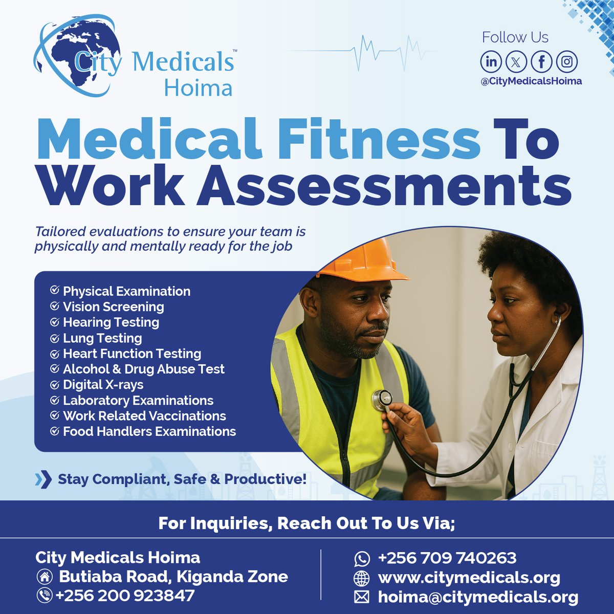CMedicalshoima's tweet image. Is Your Workforce Fit for Duty?
We offer tailored Occupational Health Assessments to ensure your employees are:
✅ Fit for duty
✅ Safe at work
✅ Ready to perform at their best
Book your assessment today!
📩 info@citymedicals.org
📞 +256 200 923847 
#WorkplaceSafety #FitForWork