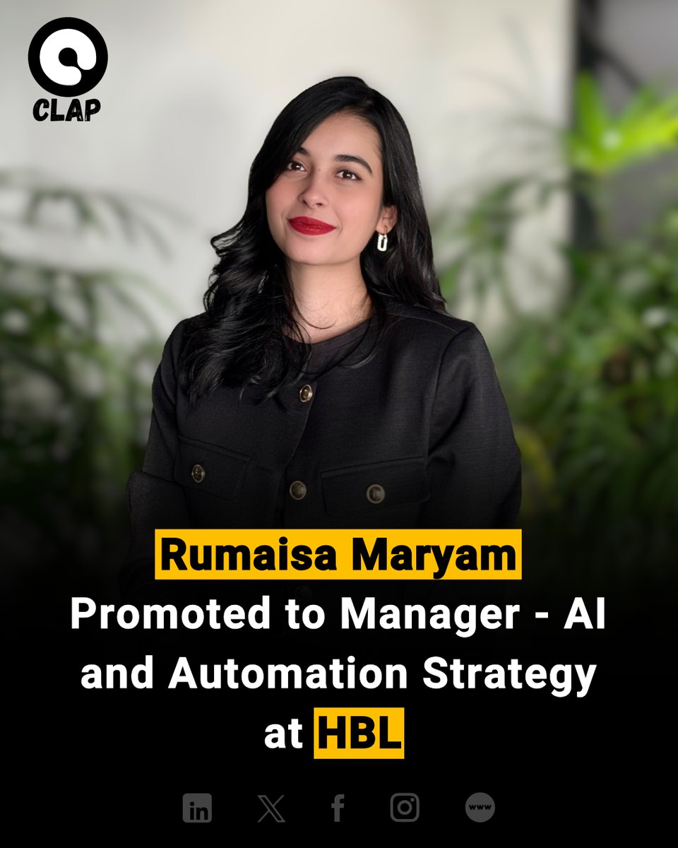 ClapPakistan's tweet image. Rumaisa Maryam becomes Manager – AI &amp;amp; Automation Strategy at @HBLPak! From Management Trainee to digital transformation leader, she drives innovation with RPA, agile strategy &amp;amp; automation excellence.

#AutomationStrategy #DigitalTransformation #ClapRecognize