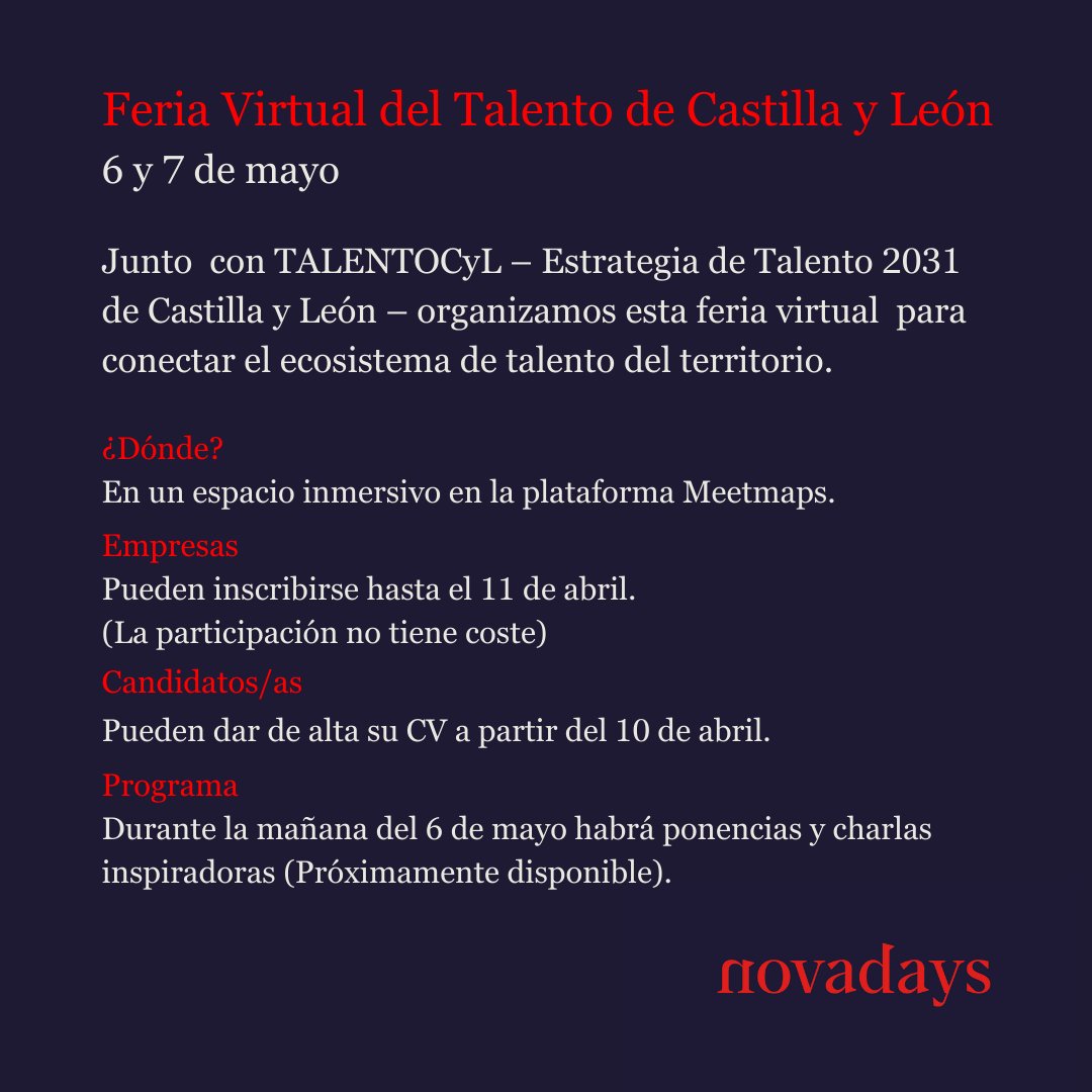 Junto con #TALENTOCyL, en el marco de la Estrategia de Talento 2031 de Castilla y León, impulsamos la Feria Virtual del Talento 2025. Las empresas que quieran dar a conocer su oferta y oportunidades pueden inscribirse hasta el 11 de abril. 

lnkd.in/dufZ8n7Y