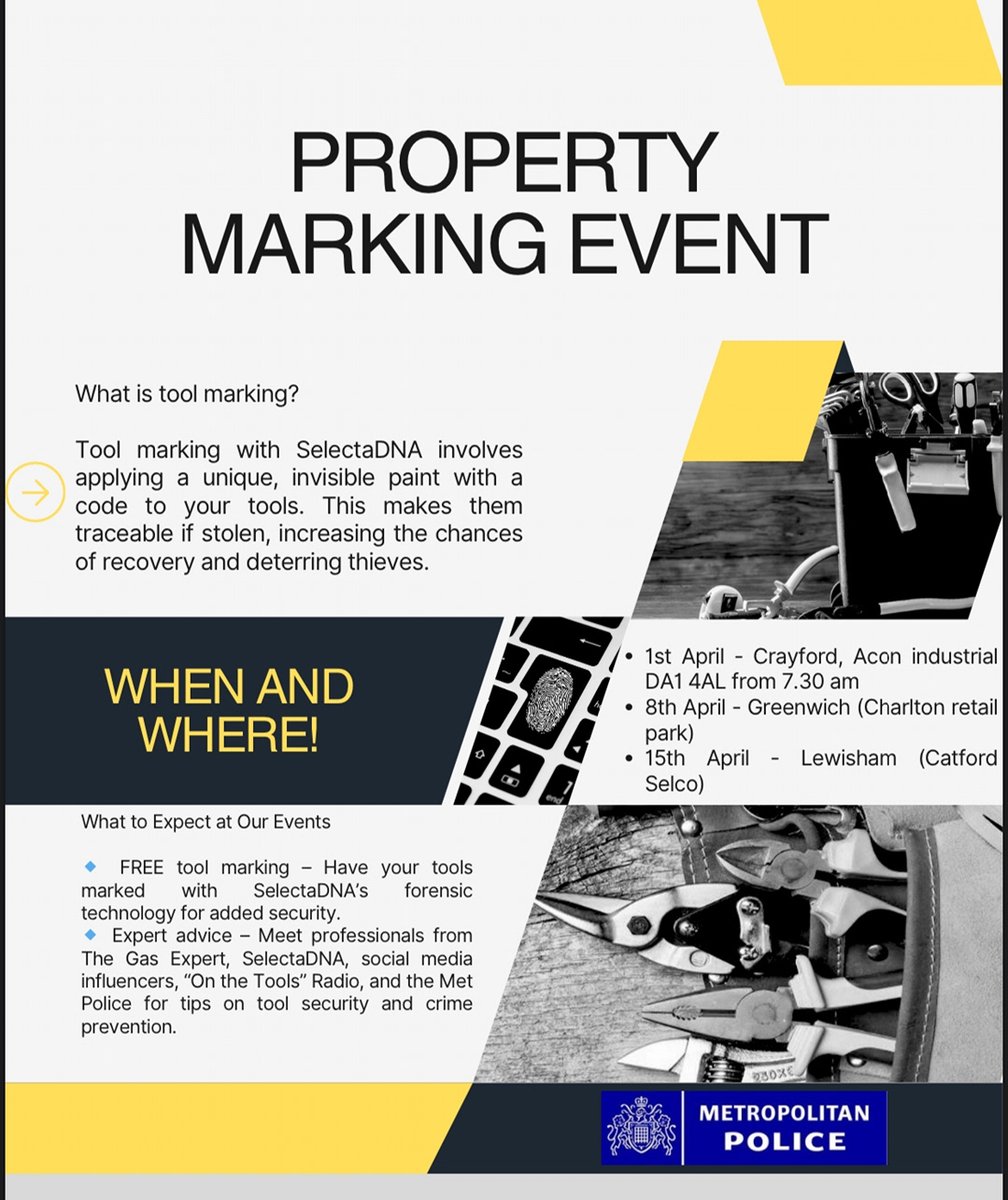 MPSGreenwich's tweet image. Reminder: Our Greenwich tool marking event is happening today at Charlton Toolstation until 1pm!

Pop down to get your tools security marked and chat with us about keeping your kit safe. #CommunityCrimeFighting #ToolMarking