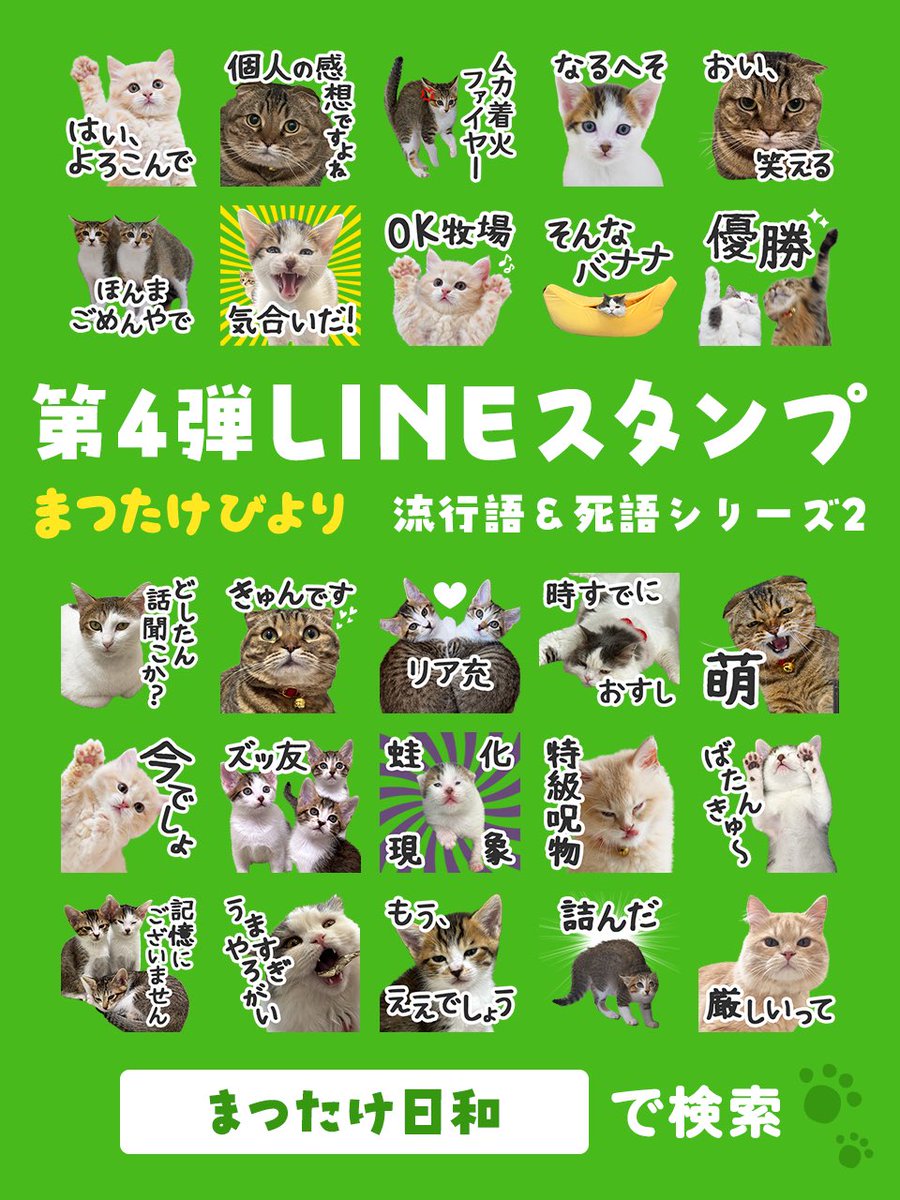 matsutake_cat's tweet image. ／
第4弾まつたけ日和 LINEスタンプ
流行語・死語シリーズ2 発売！
＼
我が家の7匹ニャンズ 全員大集合✨
去年 仲間入りした「てんぷら・すきやき・からあげ・おでん・ねぎとろ」はスタンプ初登場になります🍤ぜひ使ってね〜！

▼スタンプはこちら▼
line.me/S/sticker/3033…