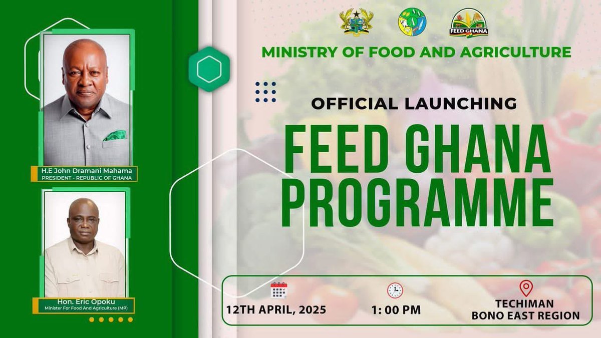 Farmer John,MP (@johndumelo) on Twitter photo The Feed Ghana Programme(FGP), is set to be launched by <a href="/JDMahama/">John Dramani Mahama</a> on April 12, 2025. Initially scheduled for April 11, the launch date has been rescheduled to Saturday, April 12. The official event will take place at the Methodist School Park in Techiman, Bono East Region. Cc The Feed Ghana Programme(FGP), is set to be launched by <a href="/JDMahama/">John Dramani Mahama</a> on April 12, 2025. Initially scheduled for April 11, the launch date has been rescheduled to Saturday, April 12. The official event will take place at the Methodist School Park in Techiman, Bono East Region. Cc