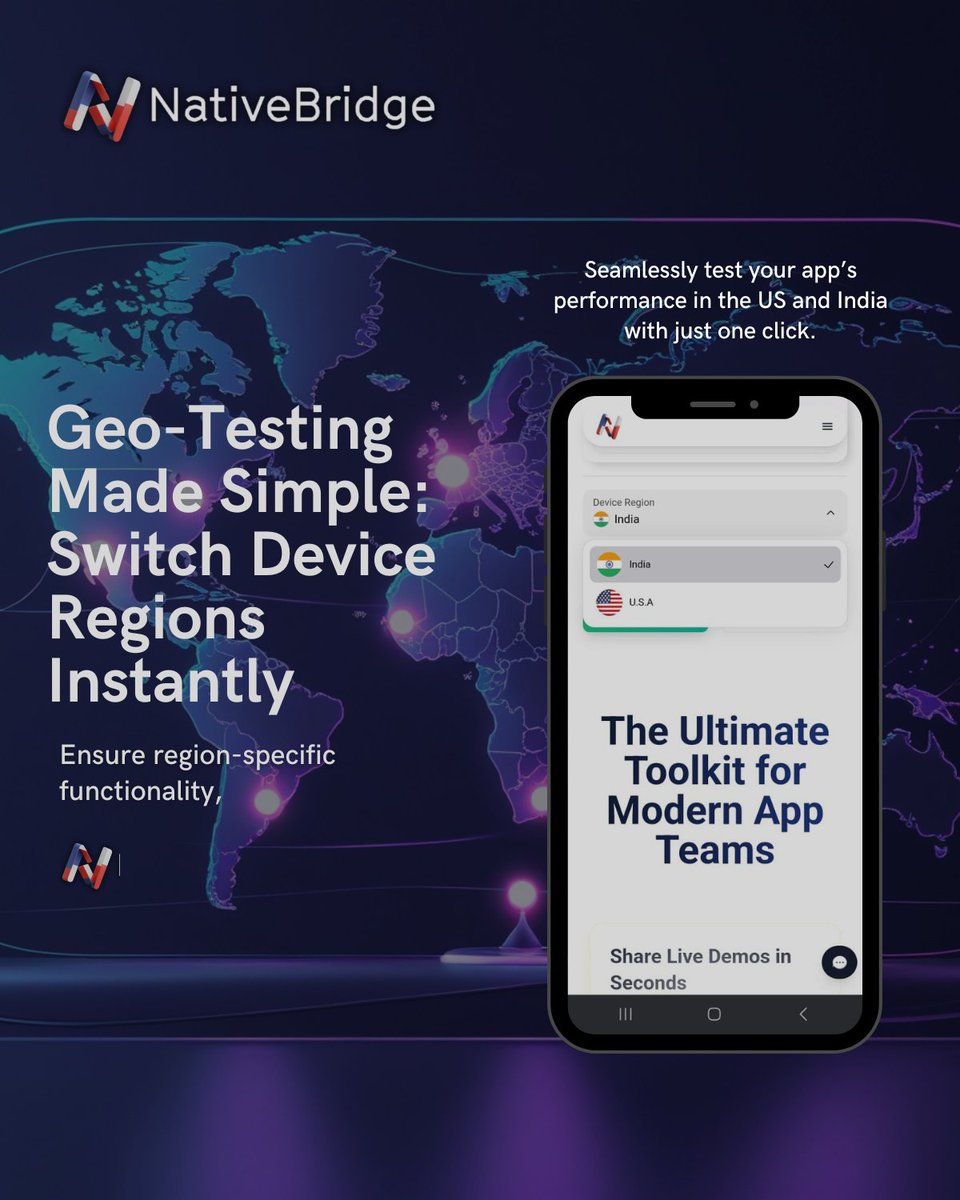 NativeBridge_io's tweet image. Geo-testing just got a whole lot simpler.
Switch device regions instantly-US to India and back-with one click.
No VPNs. No guesswork. Just region-accurate performance testing.
#MobileTesting #GeoTesting #AppDev #DevTools #AndroidDev #iOSDev #QA #DX