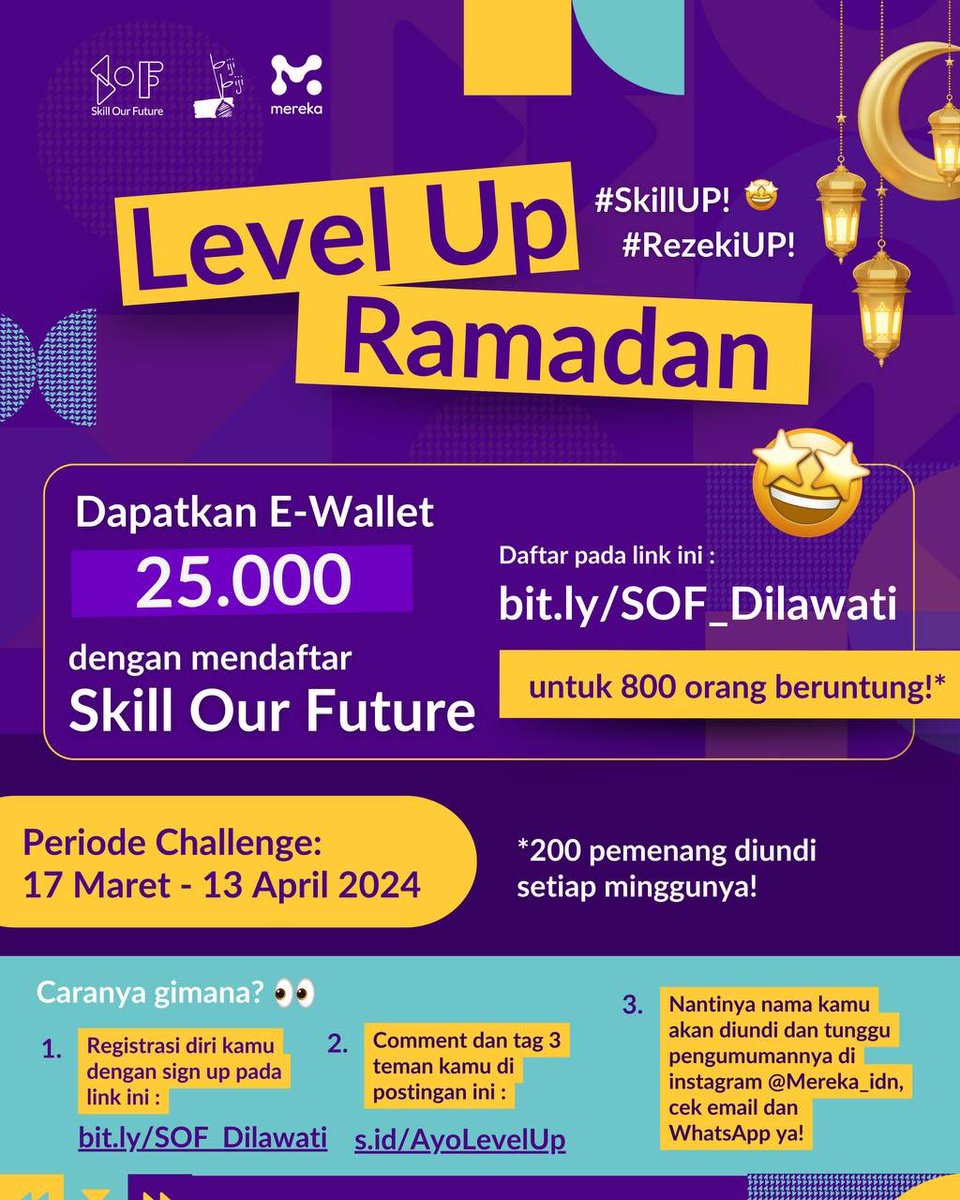 itsdilaverse's tweet photo. Daftar Skill Our Future pakai referral mereka_idn/lead+ dan menangkan voucher e-wallet Rp 25.000! 🎁 

Cara lengkapnya: 
1⃣ Klik link ini: https://t.co/TjRP9eYNXn
2⃣ Pastikan Community Leader tetap “Dilawati”, lalu lengkapi data yang diminta. https://t.co/t49dy0Fe20