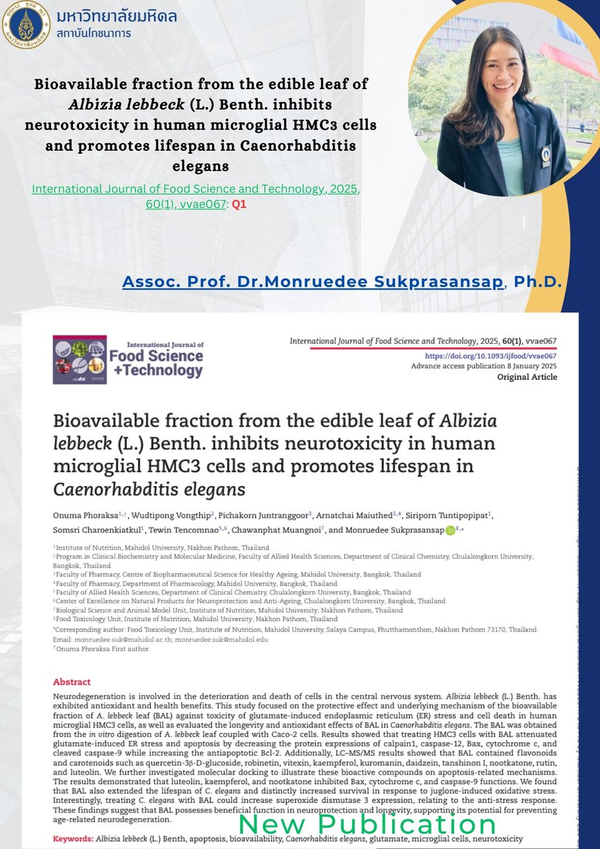 📌New Publication
"Bioavailable fraction from the edible leaf of Albizia lebbeck (L.) Benth. inhibits neurotoxicity in human microglial HMC3 cells and promotes lifespan in Caenorhabditis elegans"
** Assoc. Prof. Dr.Monruedee Sukprasansap, Ph.D. **