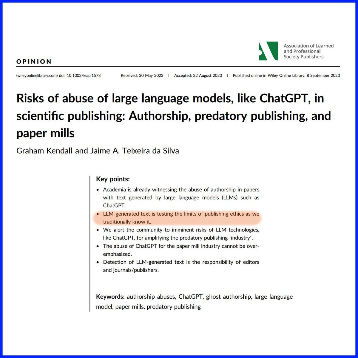 Last year I co-authored an article (buff.ly/OTyqYmz) that look at large langauge models in the context of ethical publishing.

One of the points we made is that LLM's are testing the limits of publishing ethics. I still think that is true and I am still not sure what we