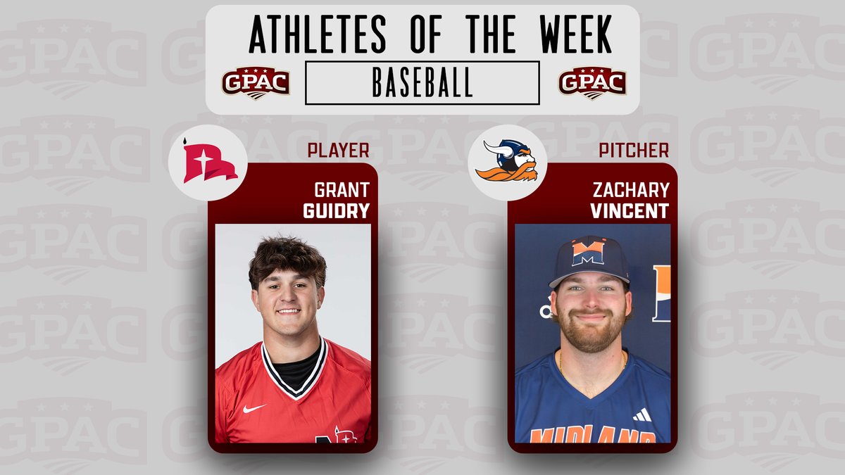BASEBALL: Week 9 Honors - (Pitcher) Zachary Vincent of <a href="/Midland_Sports/">Midland Warriors</a> and (Player) Grant Guidry of <a href="/nwcraiders/">NWC Red Raiders</a>.

Complete Release:
tinyurl.com/gpacbsb09