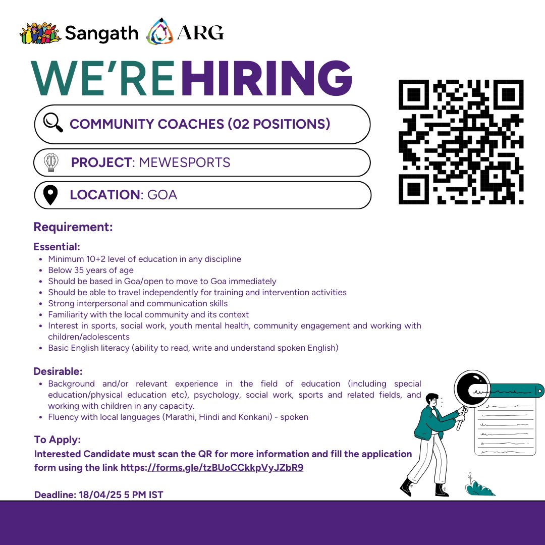 #MentalHealthVacancies of the week at Sangath India!

Are you passionate about youth mental health and fostering community cohesion through sports? This is your calling! ⚽

🔷 Vacancy: Community Coaches
🔷Location: Goa
🔷Project: MEWESPORTS 

link here! forms.gle/PUtJjv94FUkfgv…