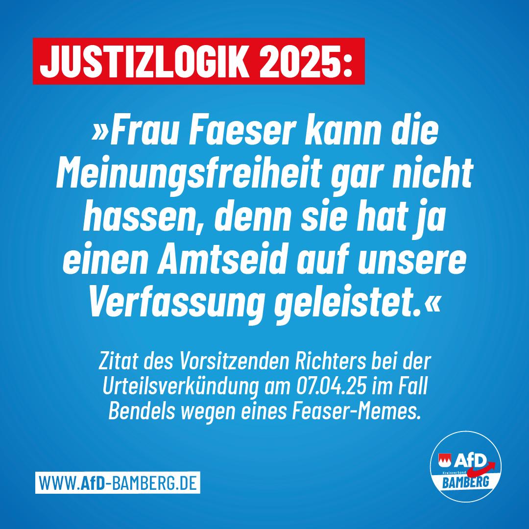 Wer das nicht selbst im Gerichtssaal gehört hat, würde es für einen schlechten Scherz halten:

»Frau Faeser kann die Meinungsfreiheit gar nicht hassen, denn sie hat ja einen Amtseid auf unsere Verfassung geleistet.«

Zitat des Vorsitzenden Richters bei der Urteilsverkündung am