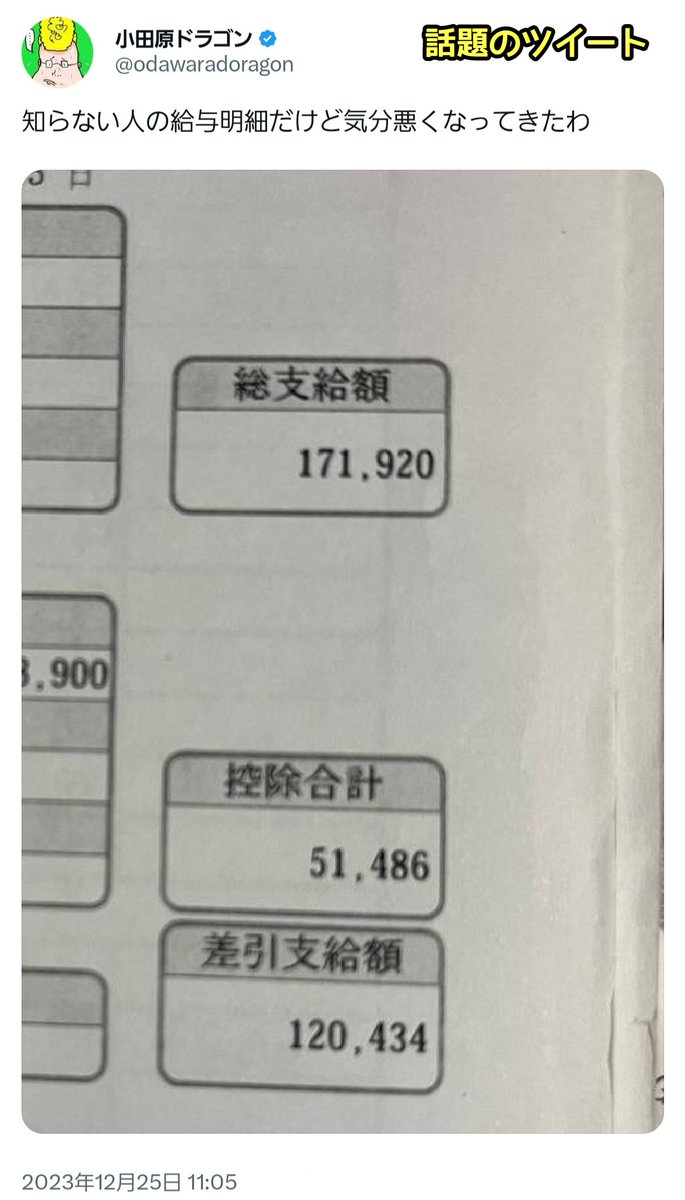 給与明細見てるだけでムカムカしてきたわ😡
誰だよこんな国にしたのは⁉️
許さんぞ‼️
給与 総支給額 171,920円
差し引き支給額 120,434円
給与明細