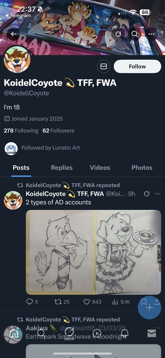 heads up people. there is an account pretending to be me to scam commissioners! 

if you can. report @/KoideLLCoyote

It has a double LL in the “Koidel”