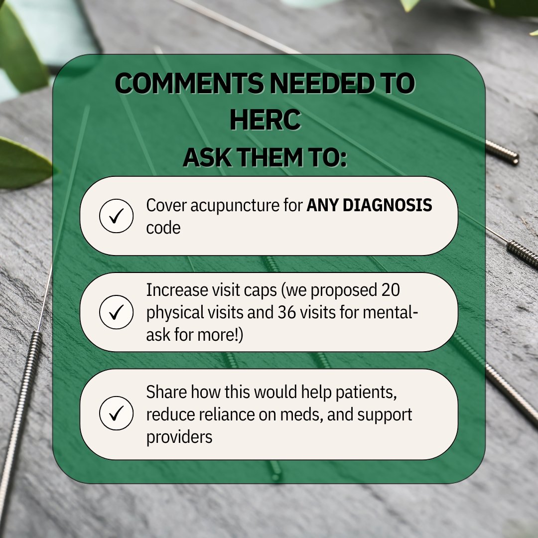 OAAOM's tweet photo. ✅ Ask HERC to cover acupuncture for ANY diagnosis
✅ Increase visit limits 
🗣 Tell them why it helps OHP patients &amp; providers.
🗳 Submit: https://t.co/T5OpbS7Ti7

📄 Sample provider comment: https://t.co/2IPgIxDaqd

📄 Sample provider comment: https://t.co/4CXVjbs7zu https://t.co/AT4ZDYIjom
