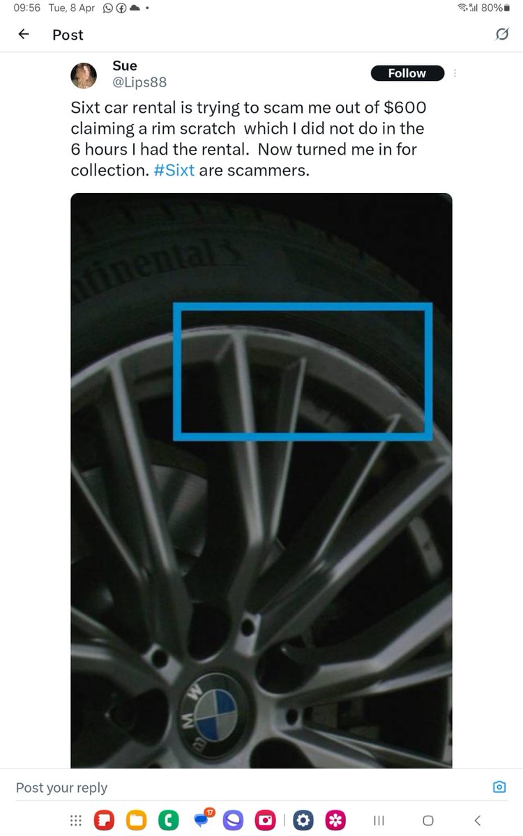 DiputheDK's tweet photo. @SixtDE  Trying to charge €814 for a superficial scratch on the rim when the original part only costs €220 and  with a€1100 insurance (false) coverage ! This isn’t the first time they’ve been caught looting their customers. Shameful practices! 😡 #sixtDE  #sixtUK #carrental https://t.co/6ovbxlXqFb