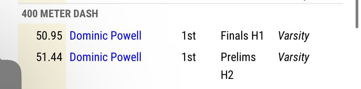 Dom_powell210's tweet photo. Number 1 in the district 
Number 2 in the region 
50.95 400 
@Coach_Champagne @coachbusby22 @TXStateTrack https://t.co/VWlj8MY9yC